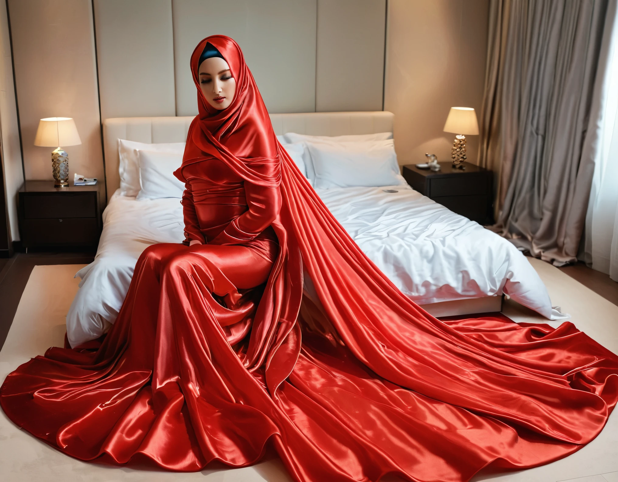 A woman shrouded in a 8-meter-long, plush red transparent satin shimmer cloth, tightly bound and grandly draping along the form of her body, flowing off into a pooled floor-length train, styled in a mermaid-inspired outfit, her head modestly veiled in a satin hijab, sexy,175 height woman, walk in bed room, a full-body pose conveying a sense of elegance, captured in a 4k resolution, ultra-realistic