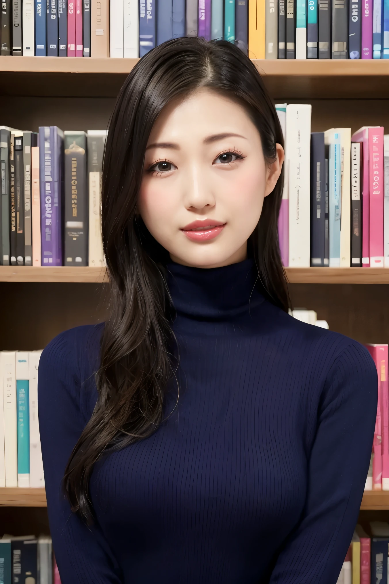 (Best Quality、Tabletop、8k、Award-winning works、Ultra-high resolution、Best Quality)、One beautiful woman、(The perfect dark navy tight knit turtleneck sweater:1.3)、(Large Breasts:1.2)、(Slender:1.1)、library、(Standing Elegantly:1.1)、(Strongly blurred background:1.1)、Stand next to a bookshelf、(Perfectly organized bookshelf:1.1)、Background Bookshelf、A cozy library、lipstick、Long eyelashes、Perfect Makeup、Soft and warm lighting、Detailed bookshelf、(Ultra-high resolutionの正確な美しい髪:1.1)、(Accurate anatomy:1.2)、Ultra-high definition beautiful eyes、(Super bright and radiant skin:1.1)、(Face close-up:1.1)、(Expressionless:1.2)、艶やかなlipstick