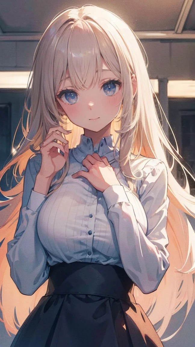 On the table, Best quality at best,  a 20 yo woman、dark blonde long hair、detailedbackground, ear nipple ring、governess, Light beige sweater, Dark blue pleated skirt, soft cloth、puffynipple、 Be red in the face, Shy Laughter, of shoulders, , Listless、Shangming、outstretched gesture、School Classroom、((Propped your elbows on the table))、Look up posture