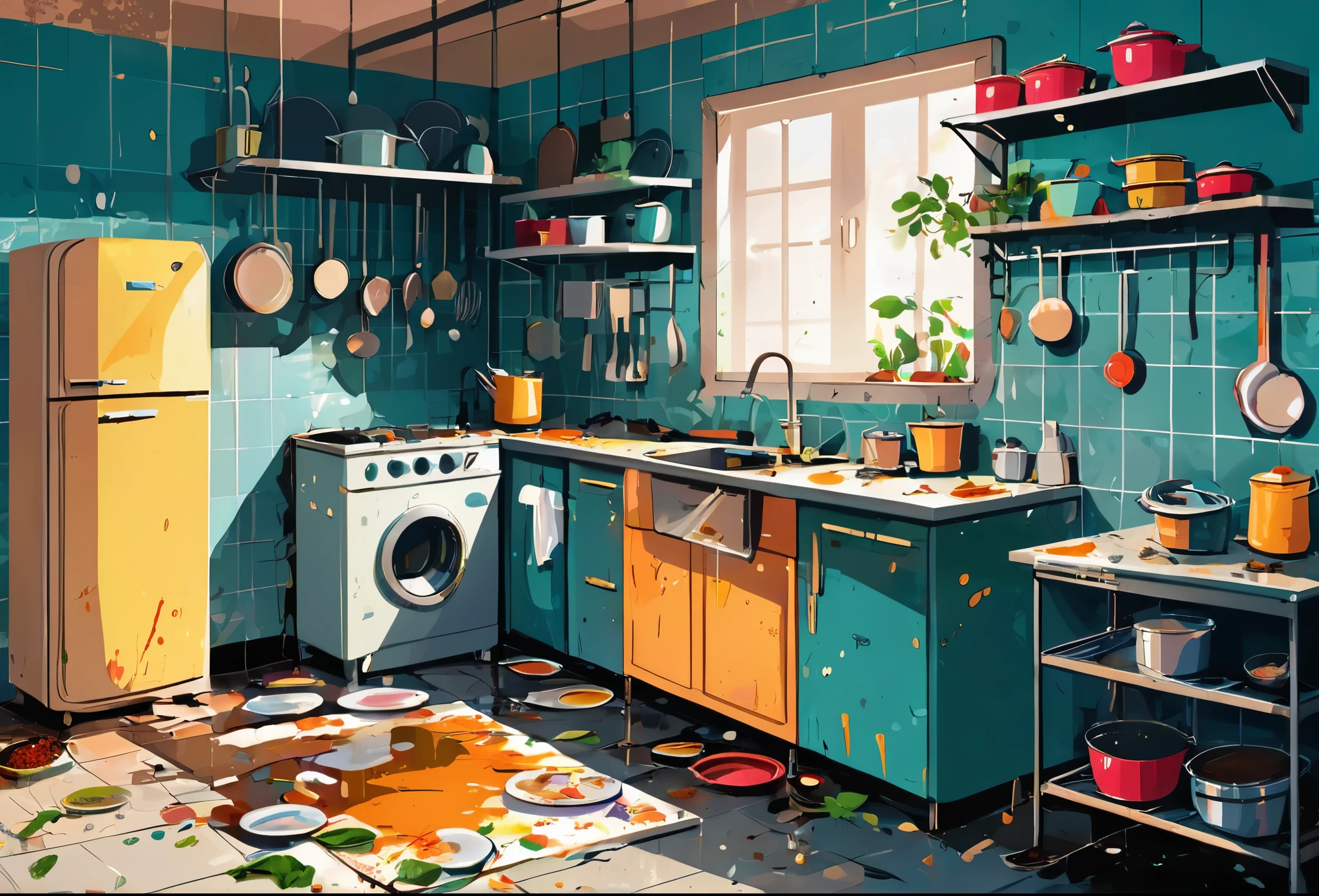 A very dirty kitchen with ised plates and food waste on the dirty floor and sink, modern kitchen, flat color (masterpiece best quality:1.2) delicate illustration ultra-detailed, illustrations, bright, colourful,