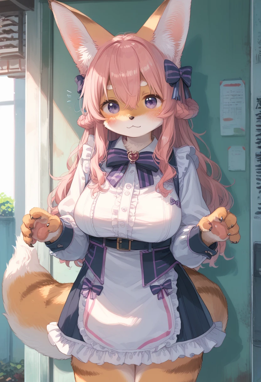 score_9, score_8_up, score_7_up,source_anime,rating_safe,cute,kawaii,BREAK uncensored,1girl, solo, purple eyes, long hair, bow, pink hair,blush, hair between eyes,large breasts,anthropomorphic, animal ears, animal tail, body hair, costume, furry, kemonomimi, hybrid,Kentauros