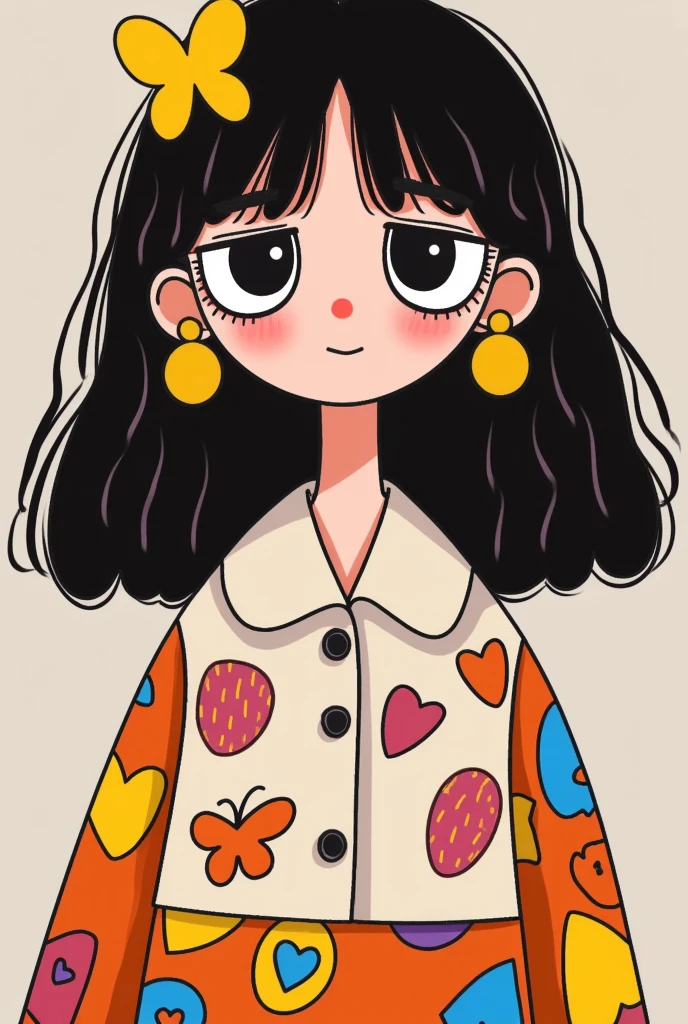 Flat wind，vector，Childish art cartoon，Black hair big earrings anime girl,Big eyes，Cute expressions，Bangs，Minimalism，Blouse with a large collar，piece together，Lovely art style, Colorful! Digital illustration style, Mathematical Art. Colorful comic, Hand drawn cartoon art style，solid color background，Black Line