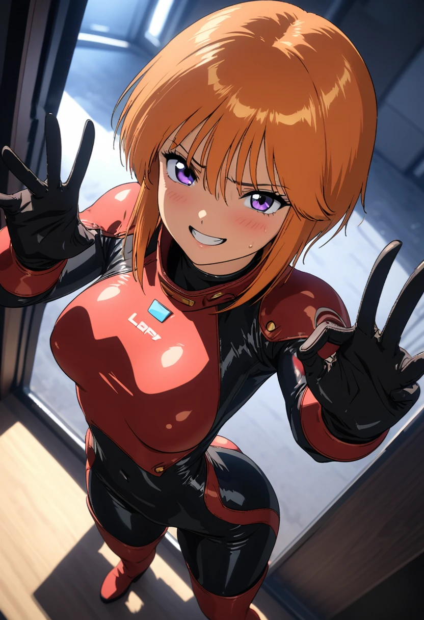 masterpiece, ultra quality, Beautiful detailed, extremely detailed,16K, exquisite, highres, Beautiful background, Beautiful eye, Beautiful skin, Bold line, anime style, ((1 girl), (lppl2:1.3), (Ple two:1.3),  short hair,  orange hair, skin tight, bodysuit, gloves), (magazine:1.3), bending waist, woman whole body, see the beholder,  bright smile, shy, blush, expression of ecstasy, erotic, charming, Charm, perfect eyes, (slender body:1.3, shiny skin, thin waist, thick thighs, beautiful long legs), perfect arms, perfect hands, perfect fingers, perfect body shape, perfect anatomy, ((detailed cameltoe, glove, boots)), perfect hands, sweaty, sweaty、, steam, steam, stuffy, sexy genital pose gesture, cheeky pose、(legs spread)、nsfw, From Above, cowboy shot, no gravity, figure, cinematic lighting, diffused lighting, Practical Light, (detailed background, background is blurred:1.1)、sharp focus, fisheye lens, Bold line, highest quality, disorganized, good quality, Realistic, ultra high resolution, masterpiece, HDR, UHD, 8k, 16k,