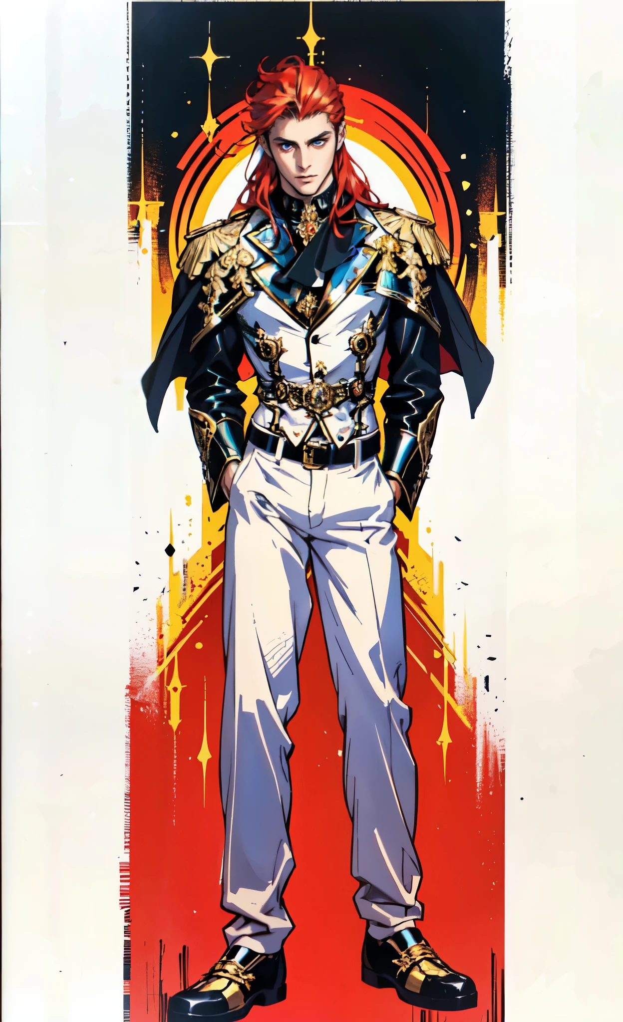 (masterpiece:1.2, best quality:1.2, extremely delicate:1.2), ((male:1.5)), a young man with long red hair, delicate face, gentle eyes, peaceful expression, fantasy-realism style outfit, a red and black short cape, a blue and white leather jacket, a belt, white pants, sneakers, his hands in his pockets, he strolls by a lakeside under dark cloudy skies, this character embodies a finely crafted fantasy-realism style Wise in anime style, exquisite and mature manga art style, dramatic, high definition, highres, ultra-detailed, ultra-fine painting, professional, perfect body proportions, golden ratio, anatomically correct, symmetrical face, extremely detailed eyes and face, high quality eyes, creativity, RAW photo, UHD, 32k, Natural light, cinematic lighting, (masterpiece-anatomy-perfect:1.2)