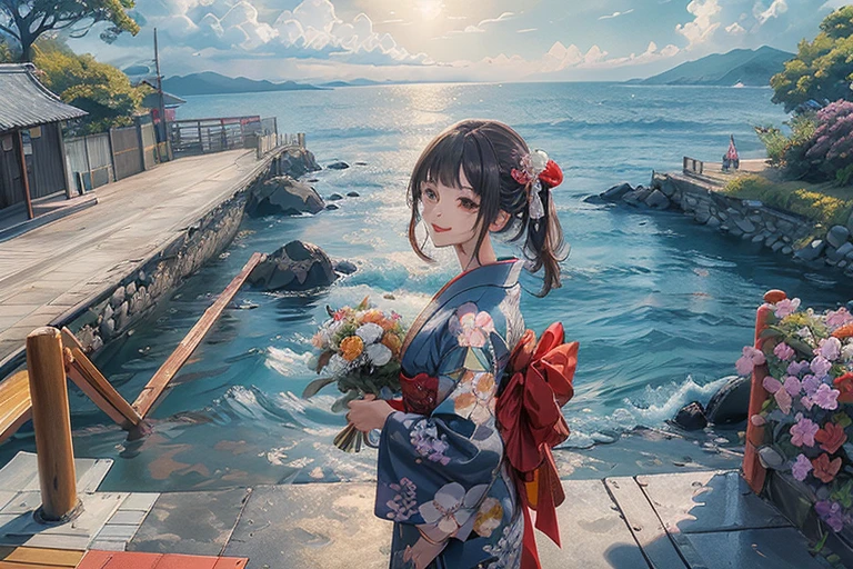 Station platform with ocean view,(Enoshima Electric Railway),((Shichirigahama Station)),Holding a bouquet, With flowers, Wearing a colorful yukata, (Wear a rainbow-colored kimono),pretty girl, (masterpiece, Best Quality, Official Art, Very detailed CG ユニティ 8k 壁紙), Very detailed), Japanese Language Related, Look to the flowers,(In kimono), A gentle gaze,Happy looking mouth,　There are no tracks in the sea