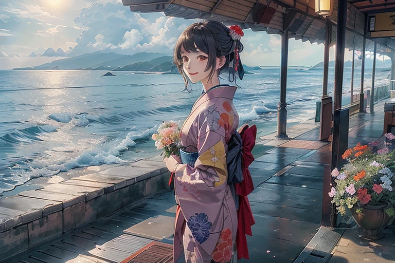 Station platform with ocean view,(Enoshima Electric Railway),((Shichirigahama Station)),Holding a bouquet, With flowers, Wearing a colorful yukata, (Wear a rainbow-colored kimono),pretty girl, (masterpiece, Best Quality, Official Art, Very detailed CG ユニティ 8k 壁紙), Very detailed), Japanese Language Related, Look to the flowers,(In kimono), A gentle gaze,Happy looking mouth,　There are no tracks in the sea