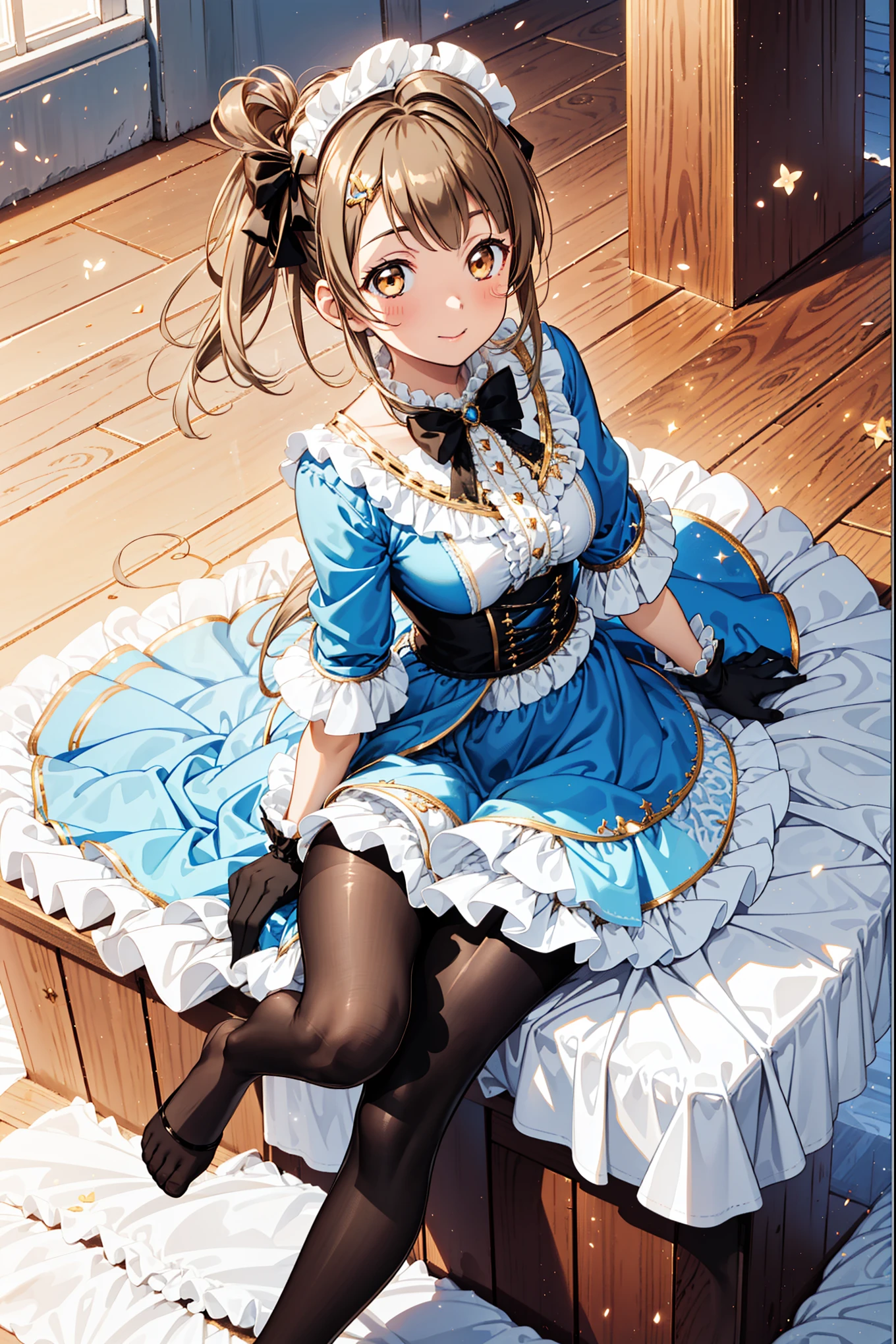 girl，Attractions，have fun，in love，(Wearing a tight shirt，Wear pantyhose:1.2)，Brown hair，Golden Eyes，in love，(Black Ruffle Bow Gloves)，White hair，Sacred headdress，Transparent lace，Exquisite clothing，European bedroom，(night:1.1)，Charm