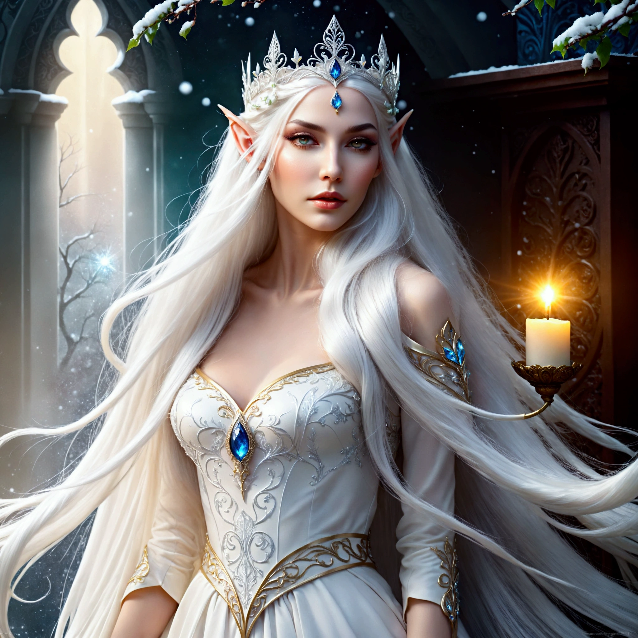 a close up of a woman with long white hair wearing a tiable, beautiful and elegant elf queen, beautiful fantasy art portrait, beautiful fantasy art, detailed white long hair, very beautiful fantasy art, beautiful digital artwork, karol bak uhd, beautiful elven princess, ((a beautiful fantasy empress)), 4k hd. snow white hair, beautiful fantasy maiden