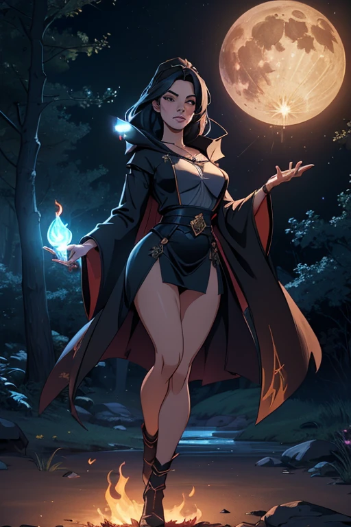 (8k, best quality, masterpiece:1.2), (sfw:1.3), (realistic, photo-realistic:1.37) Ethereal beauty witch with a glowing spell in her hand ,beautiful japanese witch, full body, seductive body, mini skirt, floating coat,beautiful sorceress,high contrast, fantasy art style, deviantart artstation cgscosiety, dark forest with trees, fire magic, flames around her, dark sky, fullmoon and stars,