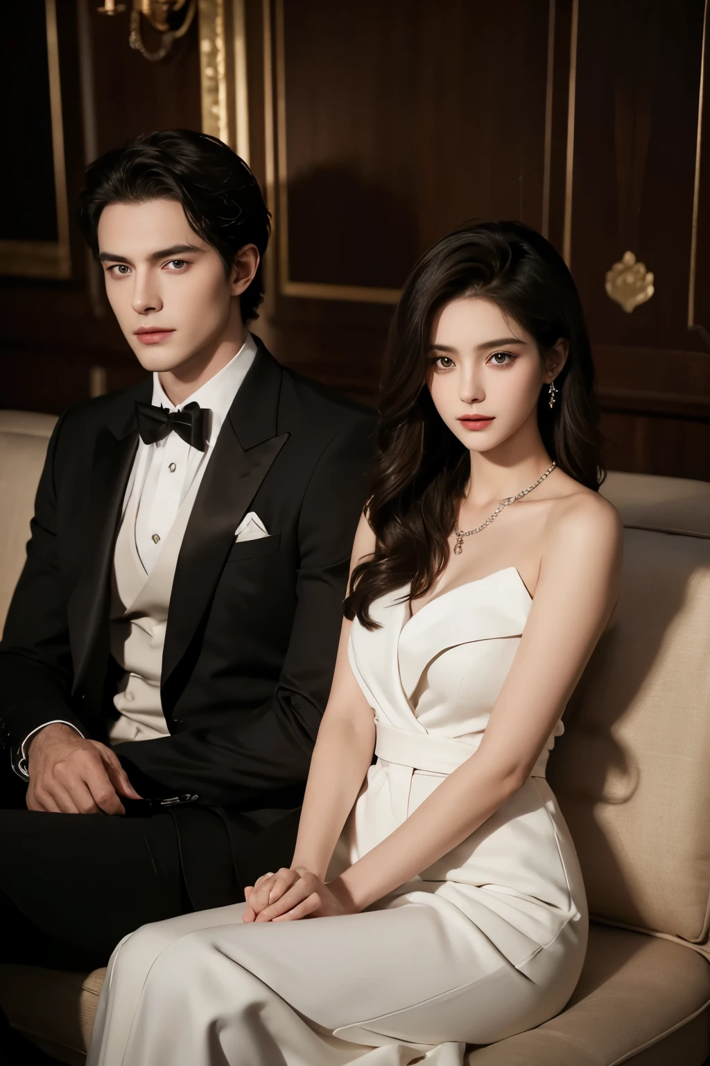 Modern. Russian couple. A man (mature) and beautiful girl . elegant couple. Casual wear. Dark hair color. Very deatiled face. pretty eyes (perfect eyes). 8K resolution. Masterpiece, love, glowing light. Look at the viewer. white petals. Bright color.