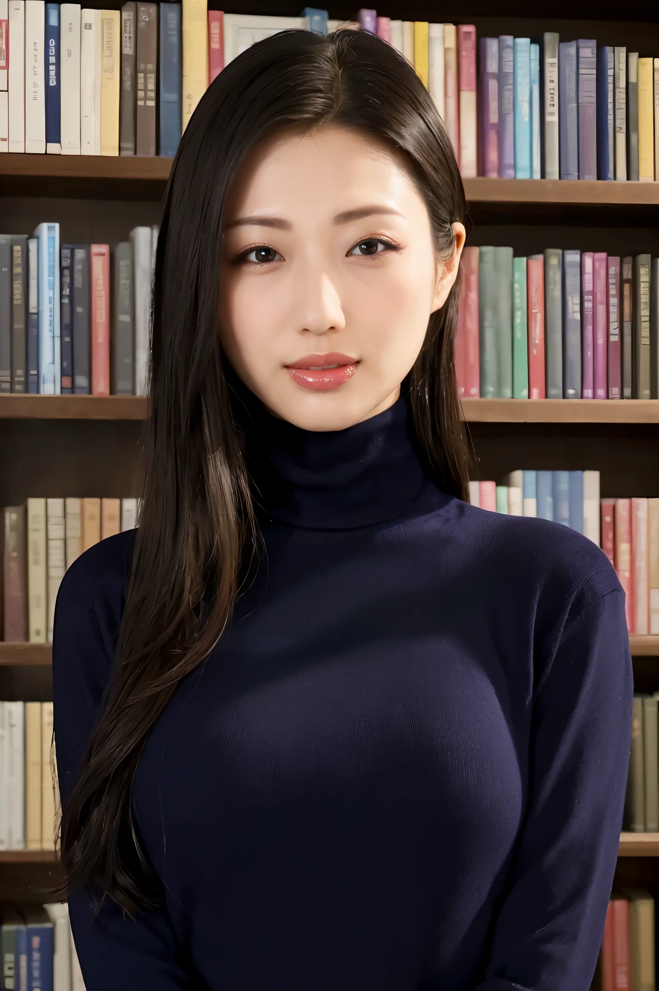 (Best Quality、Tabletop、8k、Award-winning works、Ultra-high resolution、Best Quality)、(One cute:1.3)、(The perfect dark navy tight knit turtleneck sweater:1.3)、(Large Breasts:1.2)、(Slender:1.1)、library、(Standing Elegantly:1.1)、(Strongly blurred background:1.1)、Stand next to a bookshelf、(Perfectly organized bookshelf:1.1)、Background Bookshelf、A cozy library、lipstick、Long eyelashes、(Perfect Makeup:1.1)、Soft and warm lighting、Detailed bookshelf、(Ultra-high resolutionの正確な美しい髪:1.1)、(The most elegant straight long hair:1.2)、(Accurate anatomy:1.2)、Ultra-high definition beautiful eyes、(Super bright and radiant skin:1.1)、(Face close-up:1.1)、(Expressionless:1.2)、艶やかなlipstick