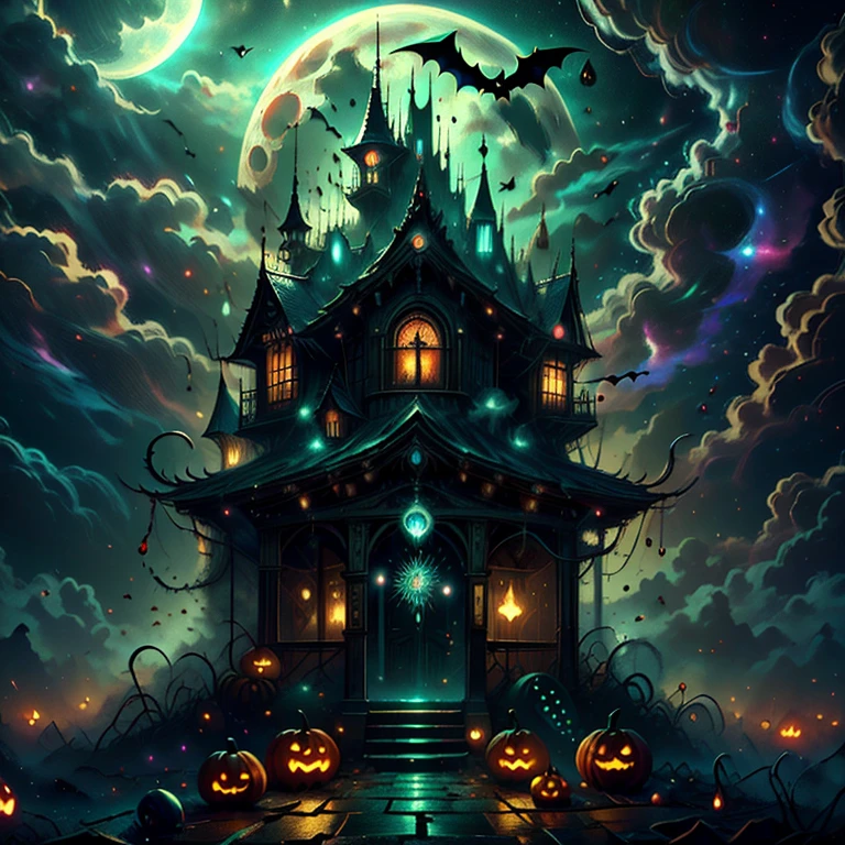 a glowing pumpkin, spooky haunted house, full moon in night sky, bats flying, glowing jack-o-lanterns, cobweb-covered trees, fog mist, spooky forest, haunted mansion, glowing crystal ball, black cats, trick-or-treaters, glowing candles, witch's cauldron, jack-o-lanterns with glowing eyes, (best quality,8k,highres,masterpiece:1.2),ultra-detailed,(realistic,photorealistic,photo-realistic:1.37),atmospheric,dark fantasy,dramatic lighting,moody color palette,cinematic,intricate details,halloween,spooky,glowing,mystical