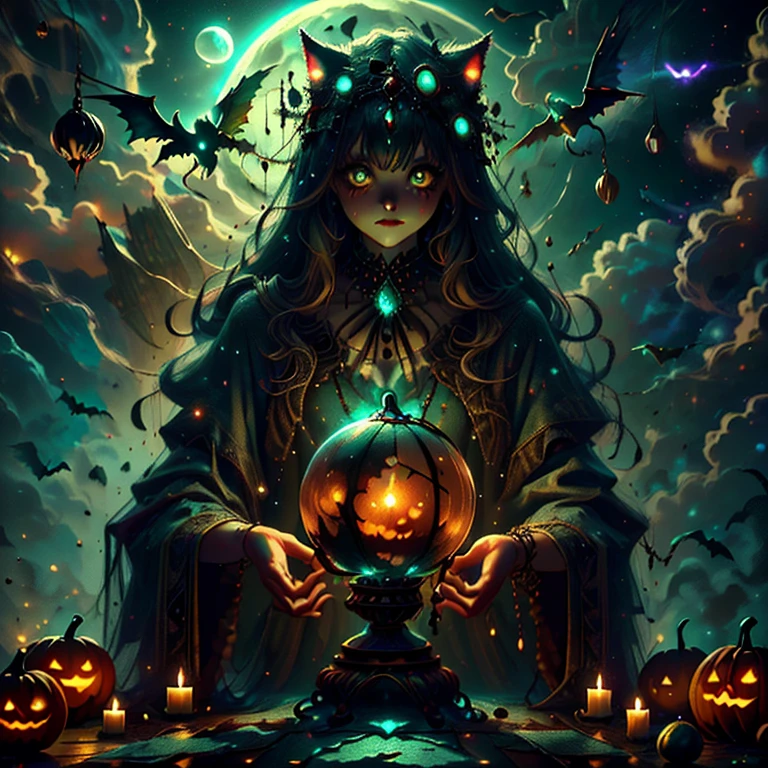 a glowing pumpkin, spooky haunted house, full moon in night sky, bats flying, glowing jack-o-lanterns, cobweb-covered trees, fog mist, spooky forest, haunted mansion, glowing crystal ball, black cats, trick-or-treaters, glowing candles, witch's cauldron, jack-o-lanterns with glowing eyes, (best quality,8k,highres,masterpiece:1.2),ultra-detailed,(realistic,photorealistic,photo-realistic:1.37),atmospheric,dark fantasy,dramatic lighting,moody color palette,cinematic,intricate details,halloween,spooky,glowing,mystical