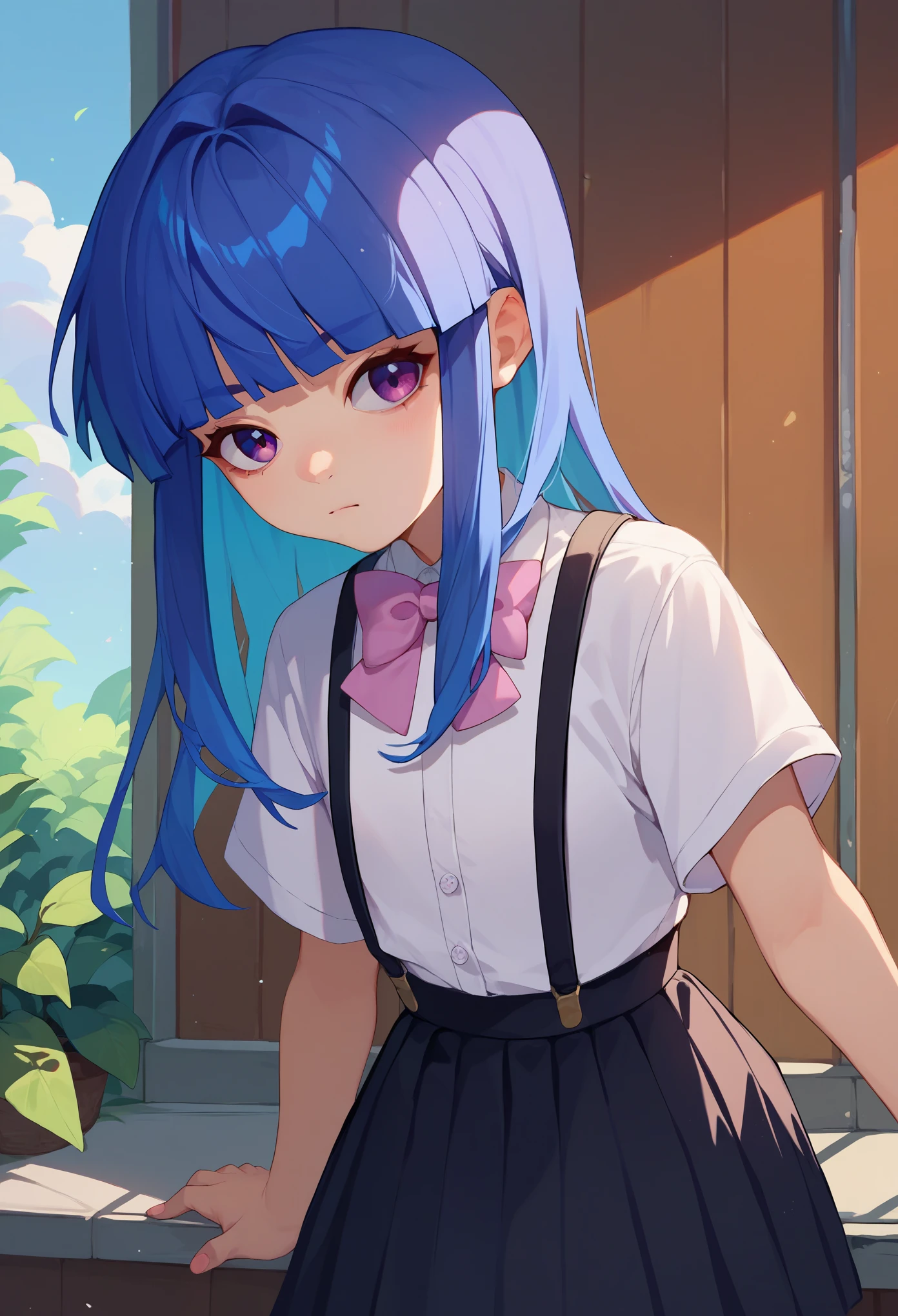 1girl, furude rika, blue hair, purple eyes, white shirt, pink bow, suspenders, black skirt, 20 years old