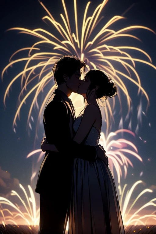 16k, (masterpiece), cinematic lighting, best quality, (sky is full of fireworks), silhouette of a couple hug and kissing, distant view,