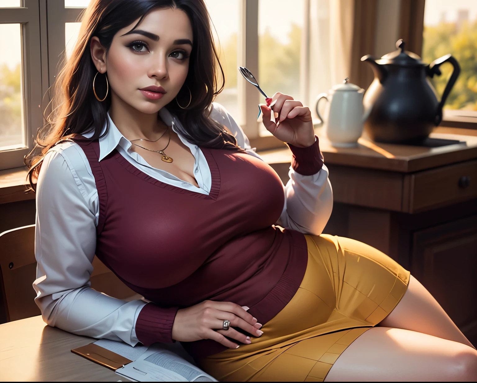 Create a detailed masterpiece featuring a curvy Iraqi mom in a private school uniform during morning breakfast time, with medium, soft, saggy breasts, adorned in a red, sweater vest, necklace, long sleeve 