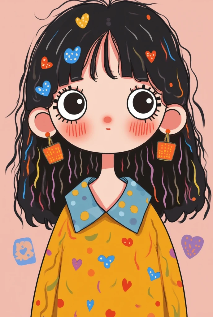 Flat wind，vector，Childish art cartoon，Black hair big earrings anime girl,Big eyes，Cute expressions，Bangs，Minimalism，Blouse with a large collar，piece together，autumn，Lovely art style, Colorful! Digital illustration style, Mathematical Art. Colorful comic, Hand drawn cartoon art style，solid color background，Black Line