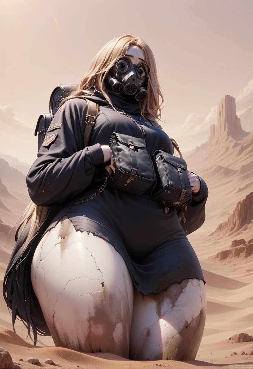 A woman, smooth skin, white skin, big eyes, small torso, huge ass, Wide hips, fleshy legs, thick thighs , (The best quality), masterpiece, horror, ghost, tall, lost look, depressed, (She is wearing an old leather cloak that covers her entire body along with a gas mask that covers her face.), She carries a backpack on her back, (ultra high Bloom), (high-contrast), (High quality Shaders), (shadows), (Ultra shadow quality), (hyperrealism), (She is lost in a desert of ashes), expressionless face, Dirt stains on the body, (view from below) 