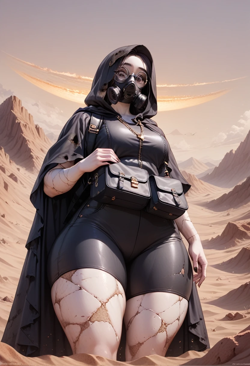 A woman, smooth skin, white skin, big eyes, small torso, huge ass, Wide hips, fleshy legs, thick thighs , (The best quality), masterpiece, horror, ghost, tall, lost look, depressed, (She is wearing an old leather cloak that covers her entire body along with a gas mask that covers her face.), She carries a backpack on her back, (ultra high Bloom), (high-contrast), (High quality Shaders), (shadows), (Ultra shadow quality), (hyperrealism), (She is lost in a desert of ashes), expressionless face, Dirt stains on the body, (view from below) 