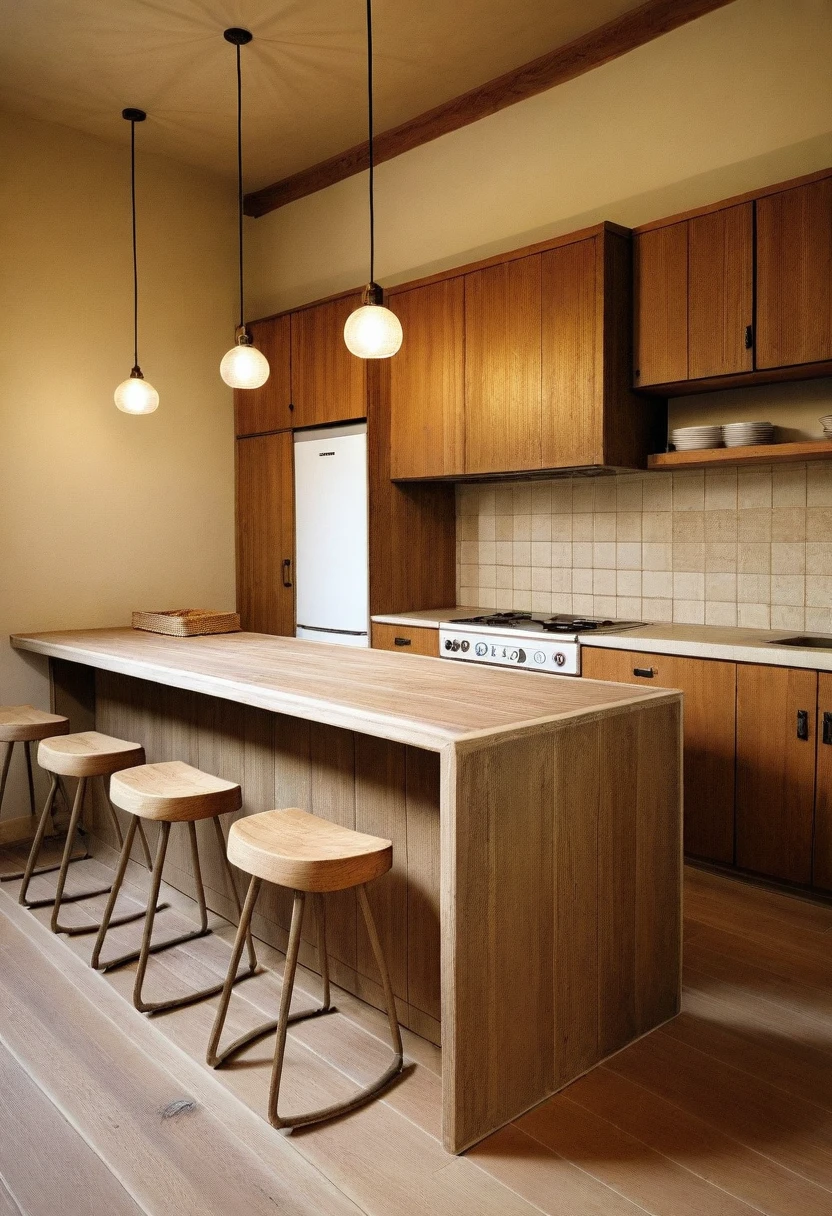 wabi-sabi kitchen interior,  exposured wood, tiled floor, refrigerator, cozy lighting