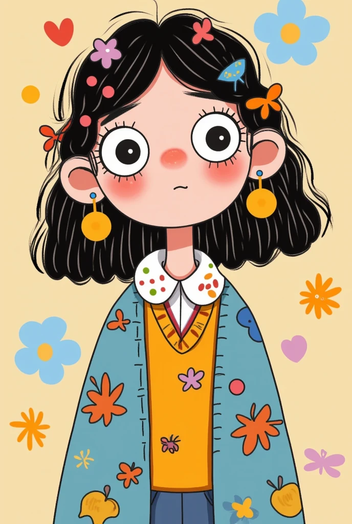 Flat wind，vector，Childish art cartoon，Primary school students in the classroom，,Big eyes，Cute expressions，Bangs，Minimalism，Blouse with a large collar，piece together，autumn，Lovely art style, Colorful! Digital illustration style, Mathematical Art. Colorful comic, Hand drawn cartoon art style，solid color background，Black Line