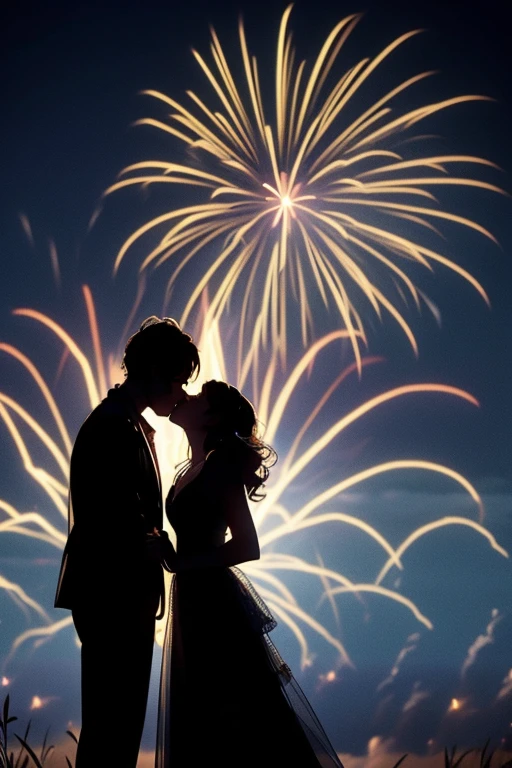 16k, (masterpiece), cinematic lighting, best quality, (sky is full of fireworks), silhouette of a couple kissing, distant view,