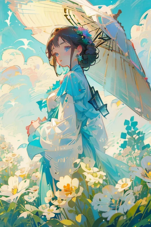 Young girl with brown hair and blue eyes,Taisho Romance、Period costume, Plain, flower, green, nature, bird, sunlight, Parasol, Peer, wind, flowers.