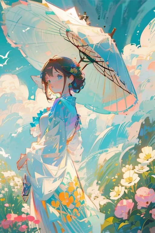 Young girl with brown hair and blue eyes,Taisho Romance、Period costume, Plain, flower, green, nature, bird, sunlight, Parasol, Peer, wind, flowers.