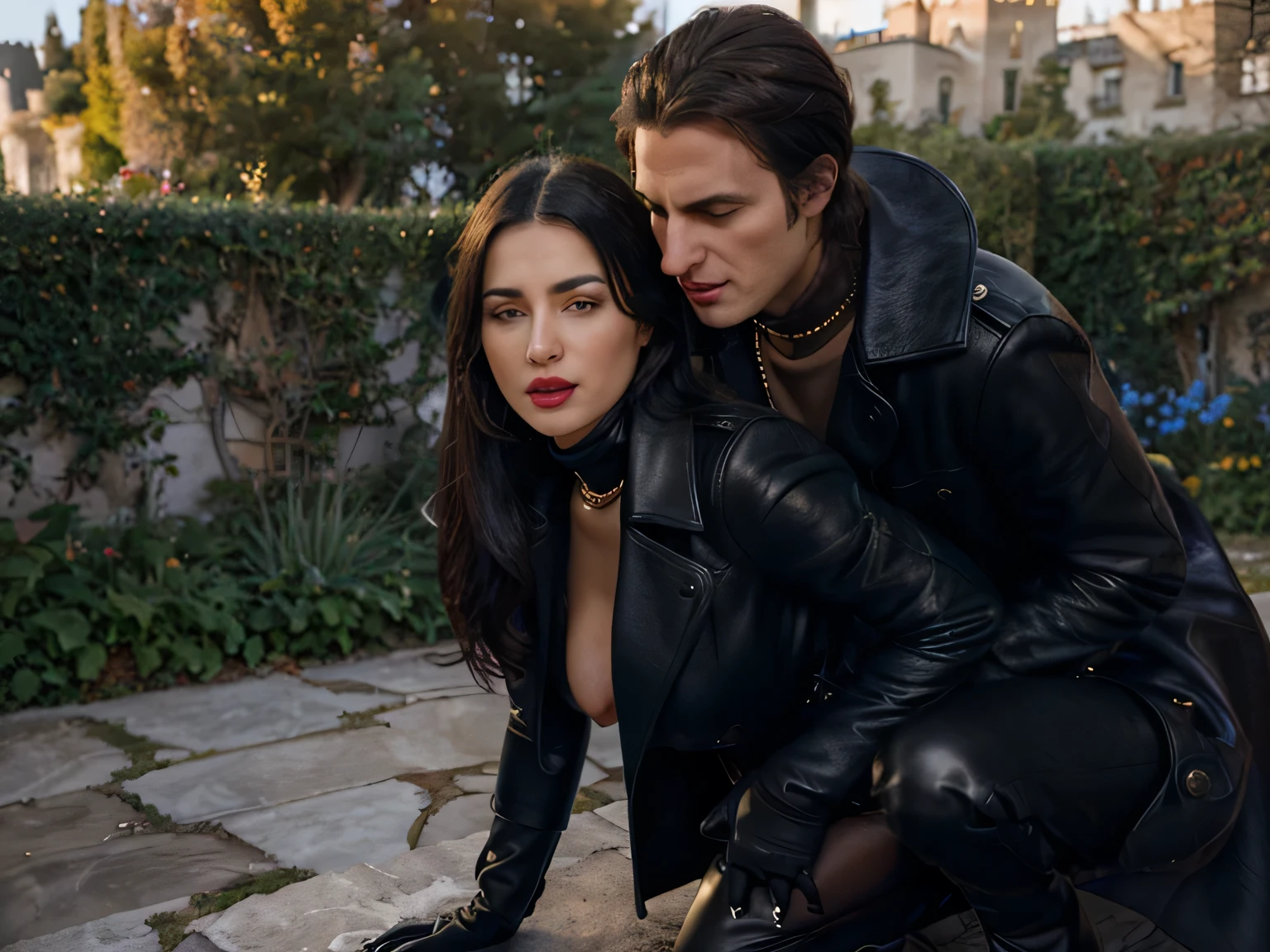 photo of a man fucking in teh ass a completly clothed prime minister of parliament woman with a smile ( no nudity) ,bent completly down to the ground fucking with the man she loves , monica bellucci at 32 , ((eyes closed, screaming for hard pain)) (( flirting with the camera)) (( pain lookin at the camera)) (( red lipstick)) (( Monica is dressed with a very long near feet and large black leather long coat over a blue tellier jacket blue turtleneck sweater , gold chain, and black leather gloves and pants ,:1.2 )) (( black soft stiletto pirate high knee Leather boots )) (( black ponytail hair)) (( black soft gloves )) (( standing in a garden of a castle, fucked in teh ass)) (( the photo is from her side)) 4k 8k ultradetailed, kodak print, detailed realistic face, 4k 8k ultradetailed, smooth images, realistic woman, detailed eyes, detailed face, detailed lips