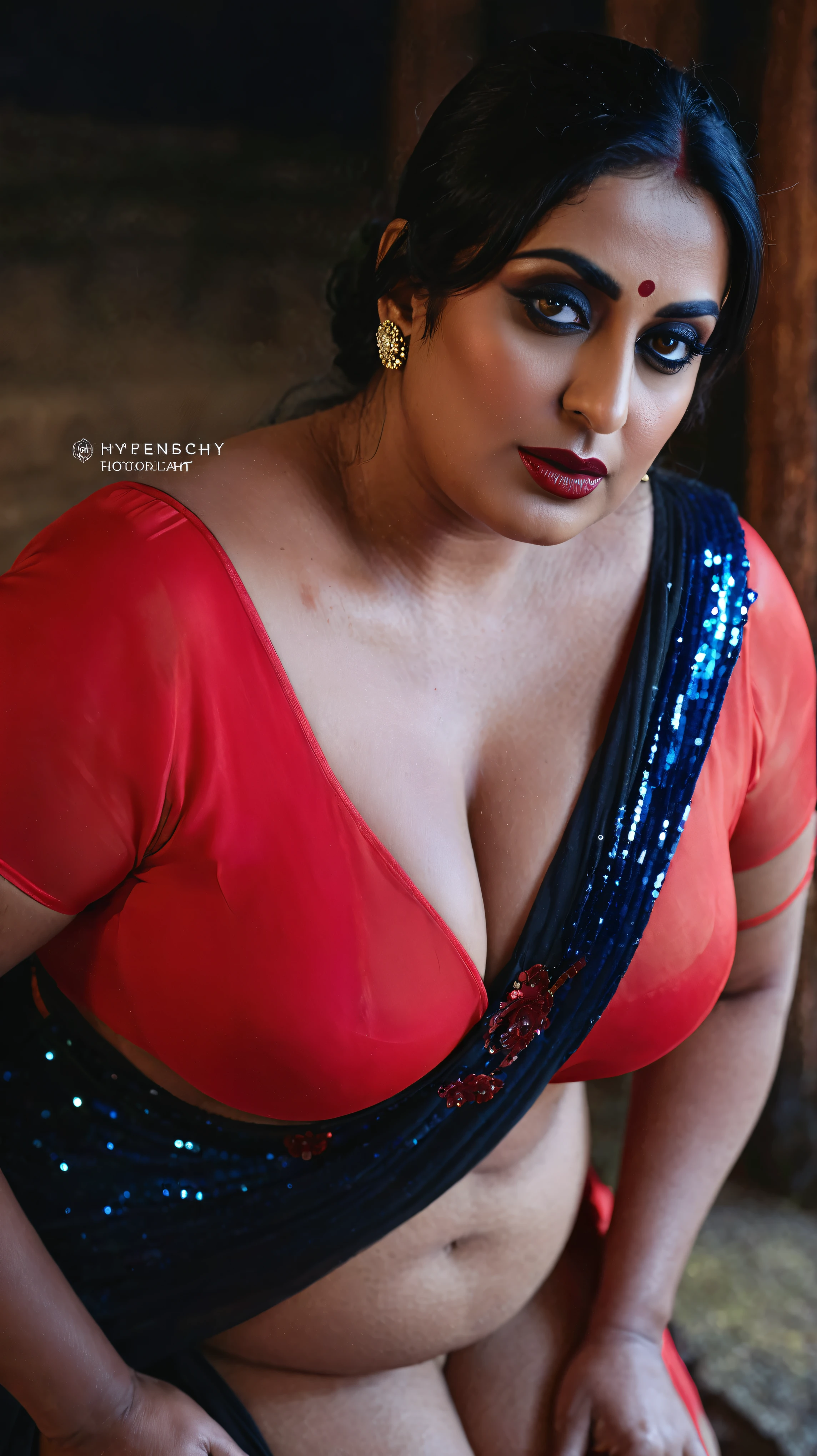 Looks like Mahie Gill, full body Closeup shot, Big chubby aunty, milf, demoness mommy, mother of demons, heavy figure Indian aunty, huge figure, huge massive breast, cougar lady witch, horny Gothic milf,  70 years old gorgeous mature lady, pervert demoness, demoness of lust, curvy, black lips, horny face, extremely gorgeous, thick figure, heavy physique, voluptuous, curvy, sexy figure, Fashionable portrait of androgynous alien looking witch, glowing eyes, futuristic design, minimal details, givenchy, photoreal, 200mm, hd, f/ 2.0, highly detailed, surreal, sexy beautiful evil woman, sexy bold sequin Saree with strapless Bra, chudail, Pishachini, horror genre, blood-thirsty enchantress, powerful female spirit, eerie, drop dead, in the style of red and blue, (intricate details, hyperdetailed:1.15) (skin texture:1.2), dark Moody tone, cinematic lighting, haunted place in background, 