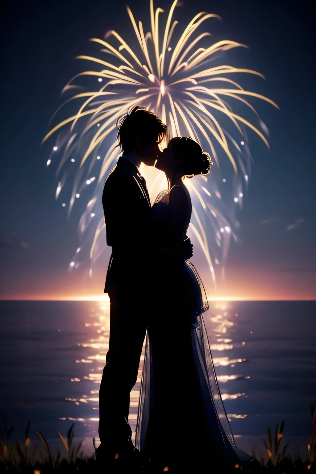 16k, (masterpiece), cinematic lighting, best quality, (sky is full of fireworks), silhouette of a couple kissing, distant view,