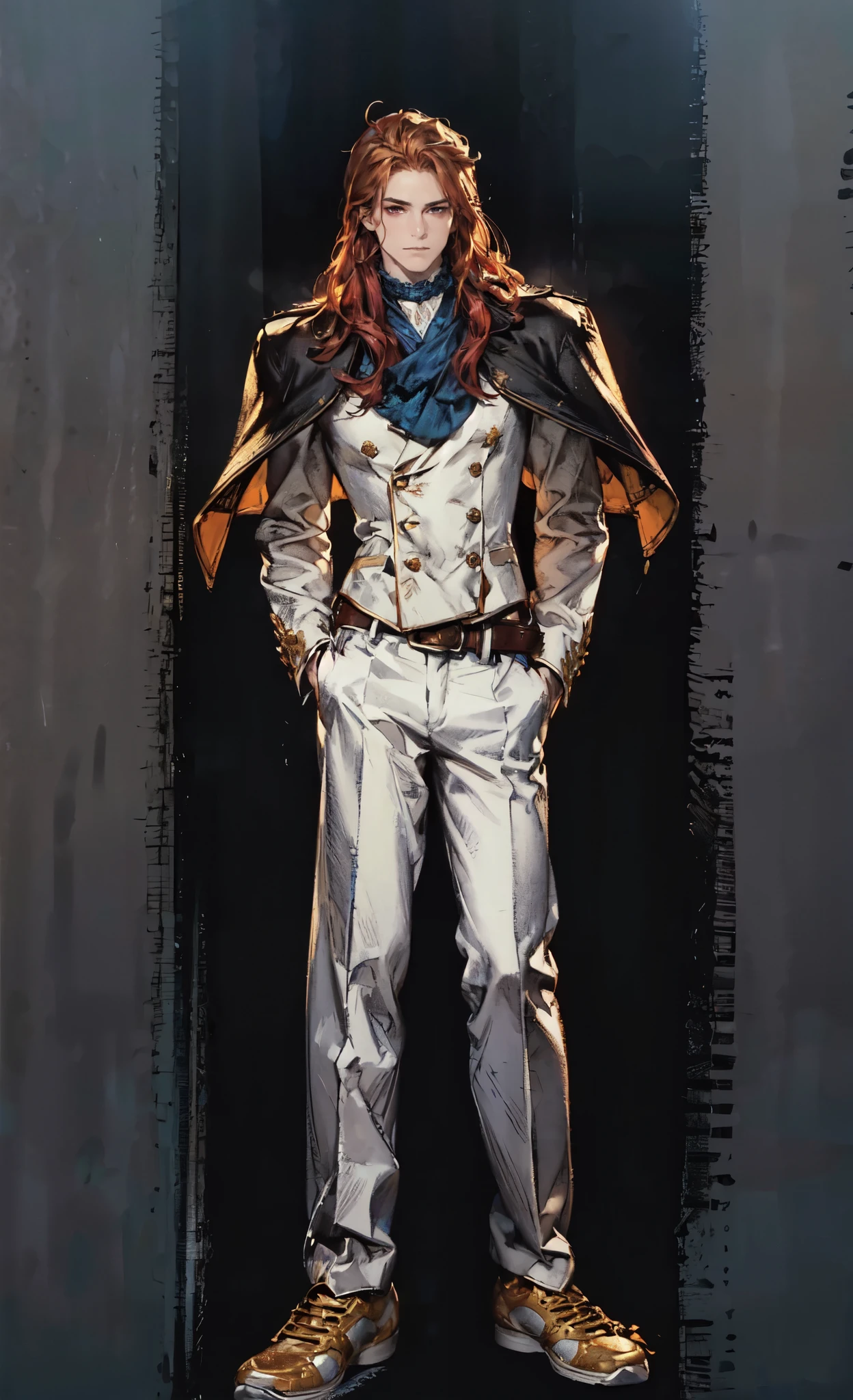 (masterpiece:1.2, best quality:1.2, extremely delicate:1.2), ((male:1.5)), a young man with long red hair, delicate face, gentle eyes, peaceful expression, fantasy-realism style outfit, a red and black short cape, a blue and white leather jacket, a belt, white pants, sneakers, his hands in his pockets, he strolls by a lakeside under dark cloudy skies, this character embodies a finely crafted fantasy-realism style Wise in anime style, exquisite and mature manga art style, dramatic, high definition, highres, ultra-detailed, ultra-fine painting, professional, perfect body proportions, golden ratio, anatomically correct, symmetrical face, extremely detailed eyes and face, high quality eyes, creativity, RAW photo, UHD, 32k, Natural light, cinematic lighting, (masterpiece-anatomy-perfect:1.2)