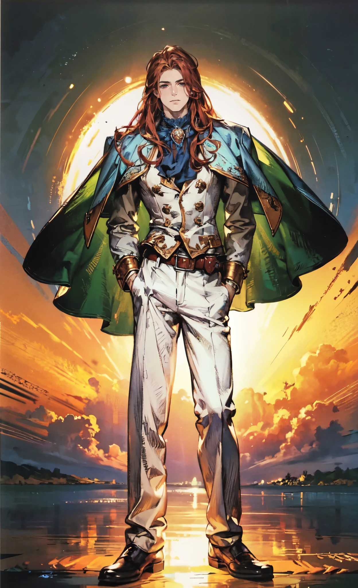 (masterpiece:1.2, best quality:1.2, extremely delicate:1.2), ((male:1.5)), a young man with long red hair, delicate face, gentle eyes, peaceful expression, fantasy-realism style outfit, a red and black short cape, a blue and white leather jacket, a belt, white pants, sneakers, his hands in his pockets, he strolls by a lakeside under dark cloudy skies, this character embodies a finely crafted fantasy-realism style Wise in anime style, exquisite and mature manga art style, dramatic, high definition, highres, ultra-detailed, ultra-fine painting, professional, perfect body proportions, golden ratio, anatomically correct, symmetrical face, extremely detailed eyes and face, high quality eyes, creativity, RAW photo, UHD, 32k, Natural light, cinematic lighting, (masterpiece-anatomy-perfect:1.2)