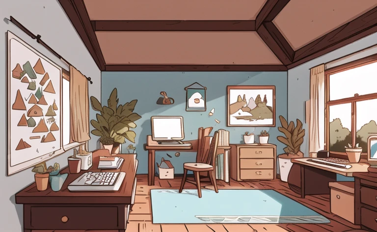 ultra_details, attic, potted_plant, window, no_humans, low_saturation, no character; 1 table centered on the image with mouse, keyboard, monitor and cabinet; No chair