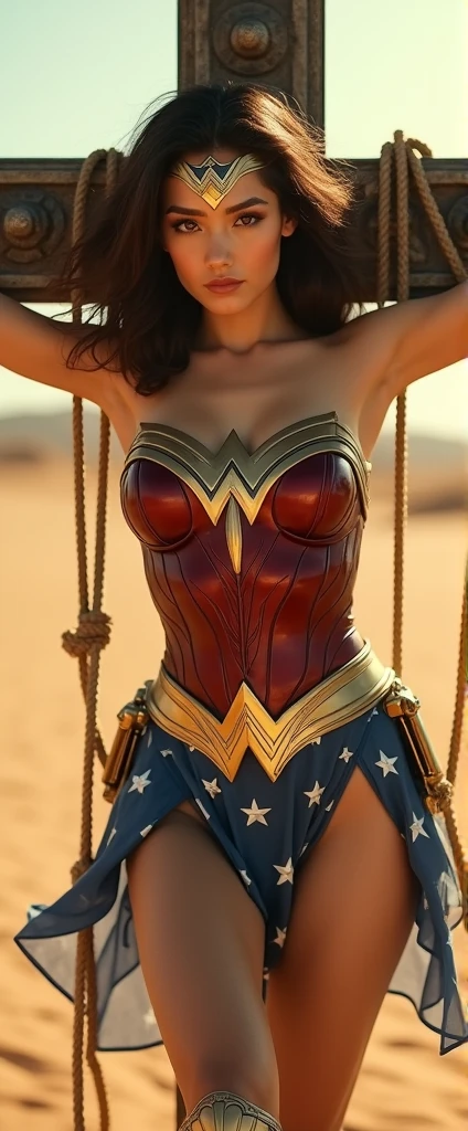 ((Full body photo, standing, feet on the ground)) Wonder woman in chain Realistic, slave, woman tied with rope, handcuffs, bondage, arms behind back, restraint, angry face, arms up