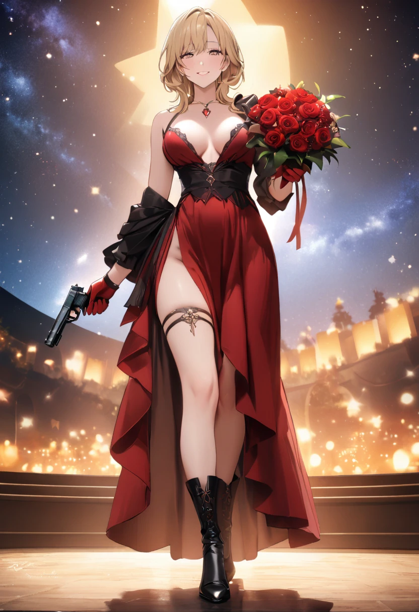 a masterpiece, Best Quality:1.5, (UHD, best quality, 8k, complicated:1.3, Highly detailed CG), 1woman, Alone, full body:1.4, A sad smile, lipstick:1.3, beautiful, Blonde, Sauvage, Crimson Dress\The chest is open\Shoulder straps\Flaming Hems\complicated:1.3, Red long gloves, Chest jewels, left hand:Red rose bouquet:1.5, Right hand:Pistol:1.5, ((Pistol, Handgun)), Starry Night Background:1.2