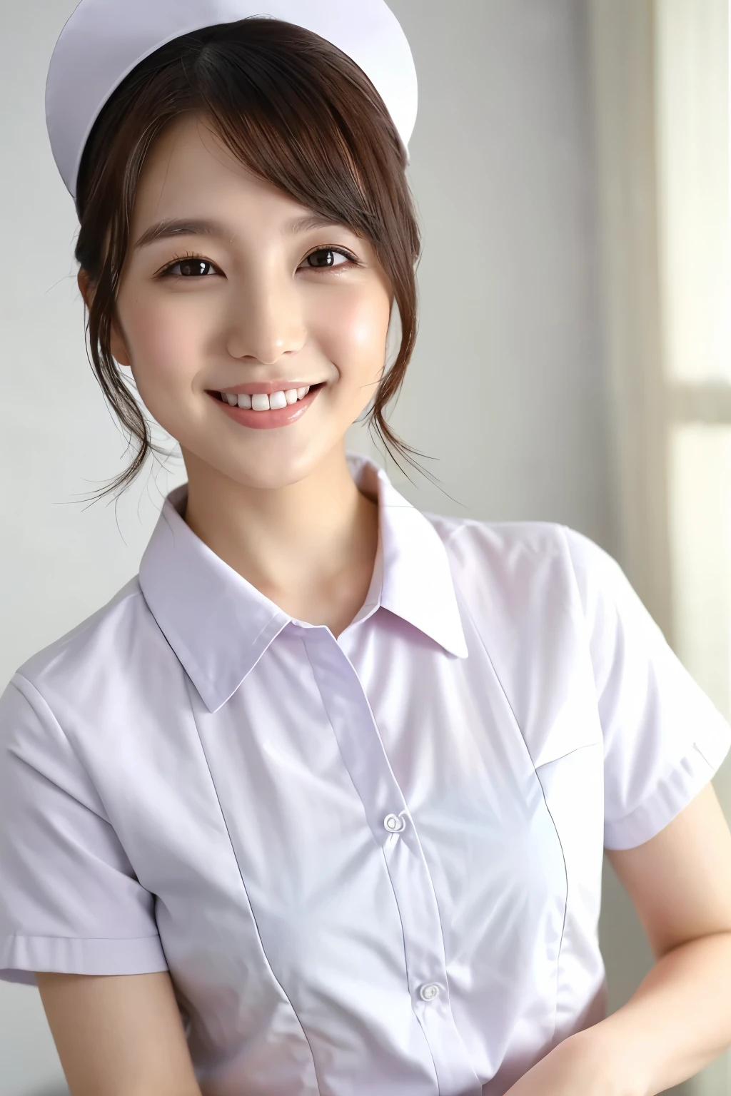 (Best Quality、Tabletop、Best Quality、Award-winning works)、(1 nurse:1.3)、(Perfect pure white nurse uniform:1.3)、Perfect portrait photography、Glowing Skin、Standing Elegantly、(Face close-up:1.2)、(The background of the hospital room is strongly blurred:1.1)、(The background of the hospital room is strongly blurred:1.2)、Glowing White Skin、The skin is very white、smile、(Mouth closed:1.1)、(Closed lips:1.1)、Tyndall effect、The most atmospheric and warm lighting、Great cinema lighting、Show your amount、nose、Perfect beautiful face