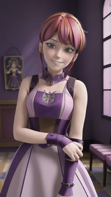 (masterpiece, best quality:1.2), 1girl, solo, light reddish hair, (tied up hair), (short hair), hazel eyes, gloves, closed mouth, smile, grin, dark purple nails, victorian dress, (dark purple sleevess dress:1.3), bracer, (pink bracer:1.3), (cowboy shot:1.3), looking at viewer, indoors, victorian mansion, windows,