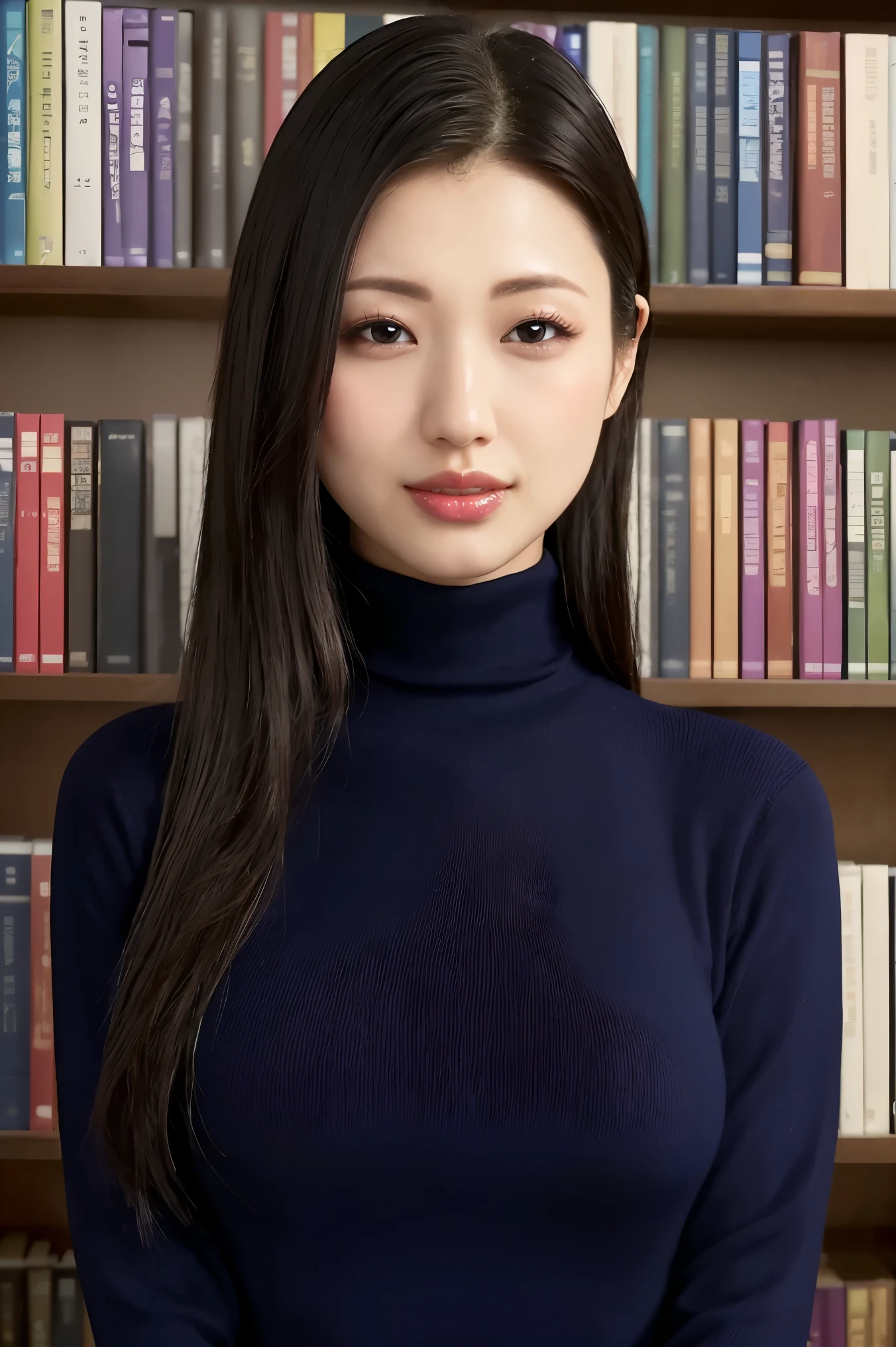 (Best Quality、Tabletop、8k、Award-winning works、Ultra-high resolution、Best Quality)、(One cute:1.3)、(The perfect dark navy tight knit turtleneck sweater:1.3)、(Large Breasts:1.2)、(Slender:1.1)、library、(Standing Elegantly:1.1)、(Strongly blurred background:1.1)、Stand next to a bookshelf、(Perfectly organized bookshelf:1.1)、Background Bookshelf、A cozy library、lipstick、Long eyelashes、(Perfect Makeup:1.1)、Soft and warm lighting、Detailed bookshelf、(Ultra-high resolutionの正確な美しい髪:1.1)、(The most elegant straight long hair:1.2)、(Accurate anatomy:1.2)、Ultra-high definition beautiful eyes、(Super bright and radiant skin:1.1)、(Face close-up:1.1)、(Expressionless:1.2)、艶やかなlipstick