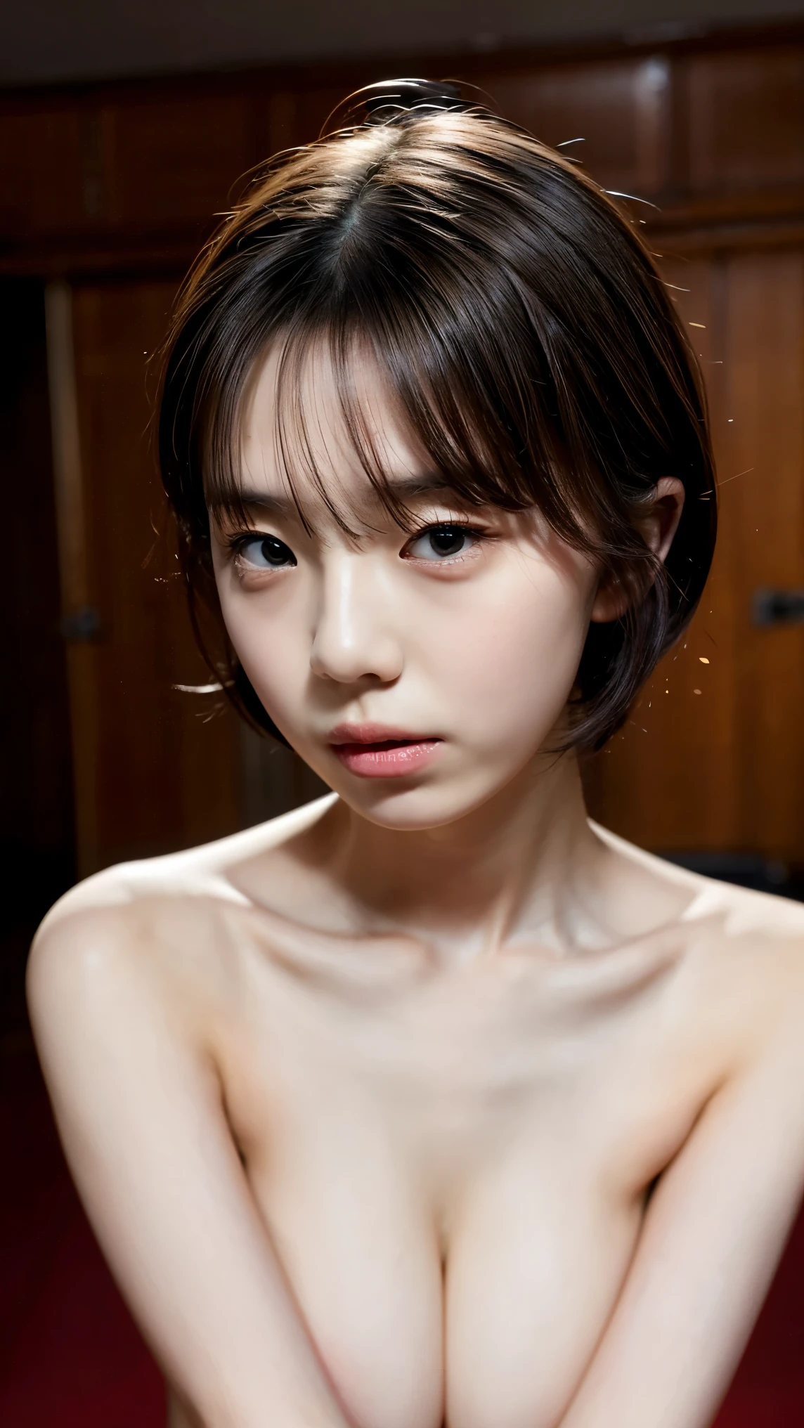 ((Petite women, Sensual woman, No makeup)), (Full body portrait, Black Hair, short hair, Very large breasts, Completely naked, Protruding nipples, Thick pubic hair), White-skinned, Very thin lips, skinny, Body Type, Delicate and sexy collarbone, Best Quality, RAW Photos, Realistic, face, so beautiful, cute, Written boundary depth, High resolution, 超detailed, detailed, Very detailed, extremely detailed eye and face, Sharp pupils, Sharp focus, Cinema Lighting
