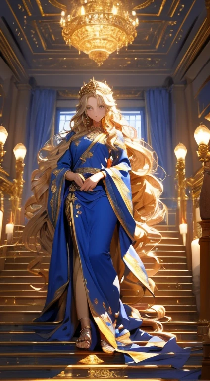 masterpiece, 1woman, long blonde hair, wavy hair, wearing a royal blue gown, golden jewelry, holy light surrounding, ancient temple background, full body shot
