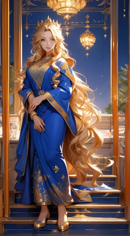 masterpiece, 1woman, long blonde hair, wavy hair, wearing a royal blue gown, golden jewelry, holy light surrounding, ancient temple background, full body shot
