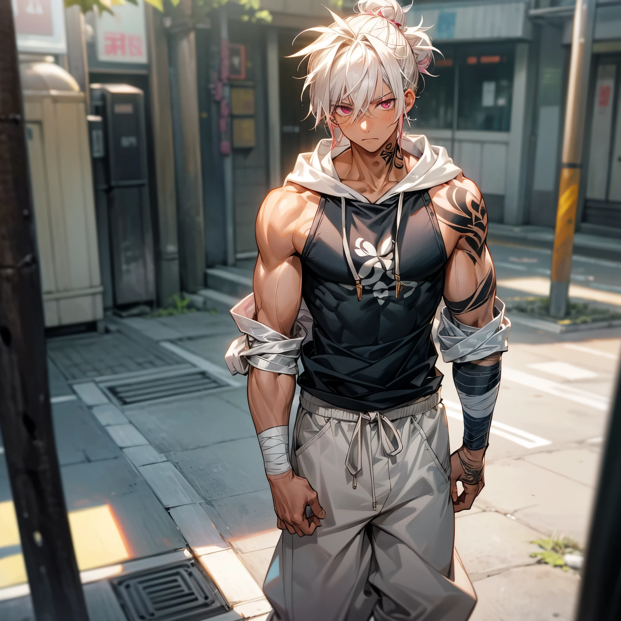 A muscular white wolf with long white hair, purple iris eyes, and Defined body, wearing only the lower parts of a kimono Pants and no shirt after training, in an outdoor scene with a soft expression on his face in daylight, (best quality, 8k, highres, masterpiece:1.2), ultra-detailed, detailed eyes, detailed lips, extremely detailed face, long eyelashes, fantasy, magical realism, dramatic lighting, cinematic composition, muted colors, bokeh