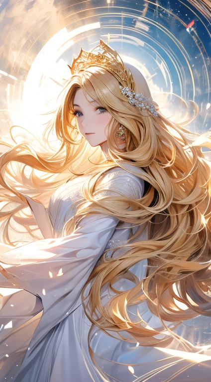 masterpiece, best quality, 1woman, divine aura, long wavy hair, blonde hair, wearing a white gown, glowing light, halo, serene expression, heavenly background, upper body shot
