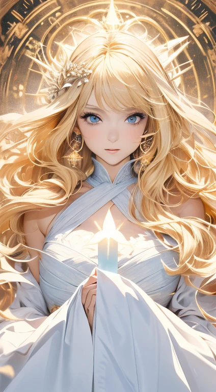 masterpiece, best quality, 1woman, divine aura, long wavy hair, blonde hair, wearing a white gown, glowing light, halo, serene expression, heavenly background, upper body shot
