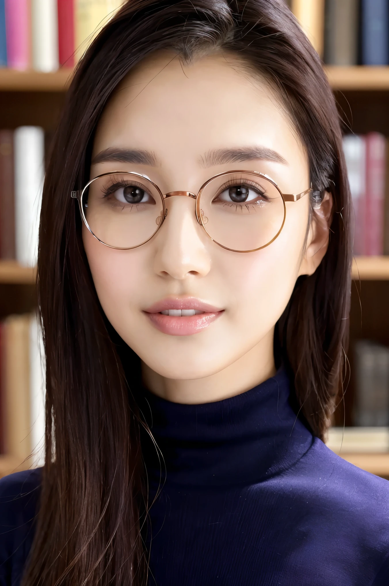 (Best Quality、Tabletop、8k、Award-winning works、Ultra-high resolution、Best Quality)、(One beautiful woman:1.1)、(Elegant round glasses:1.2)、(The perfect dark navy tight knit turtleneck sweater:1.3)、(Large Breasts:1.2)、(Slender:1.1)、library、(Standing Elegantly:1.1)、(Strongly blurred background:1.1)、Stand next to a bookshelf、(Perfectly organized bookshelf:1.1)、Background Bookshelf、A cozy library、lipstick、Long eyelashes、(Perfect Makeup:1.1)、Soft and warm lighting、Detailed bookshelf、(Ultra-high resolutionの正確な美しい髪:1.1)、(The most elegant hairstyle:1.1)、(Accurate anatomy:1.2)、Ultra-high definition beautiful eyes、(Super bright and radiant skin:1.1)、(Face close-up:1.1)、(Expressionless:1.2)、(艶やかなlipstick:1.1)、Show me your amount、(nose:1.2)、The perfect and most natural brow、Perfect Hairline