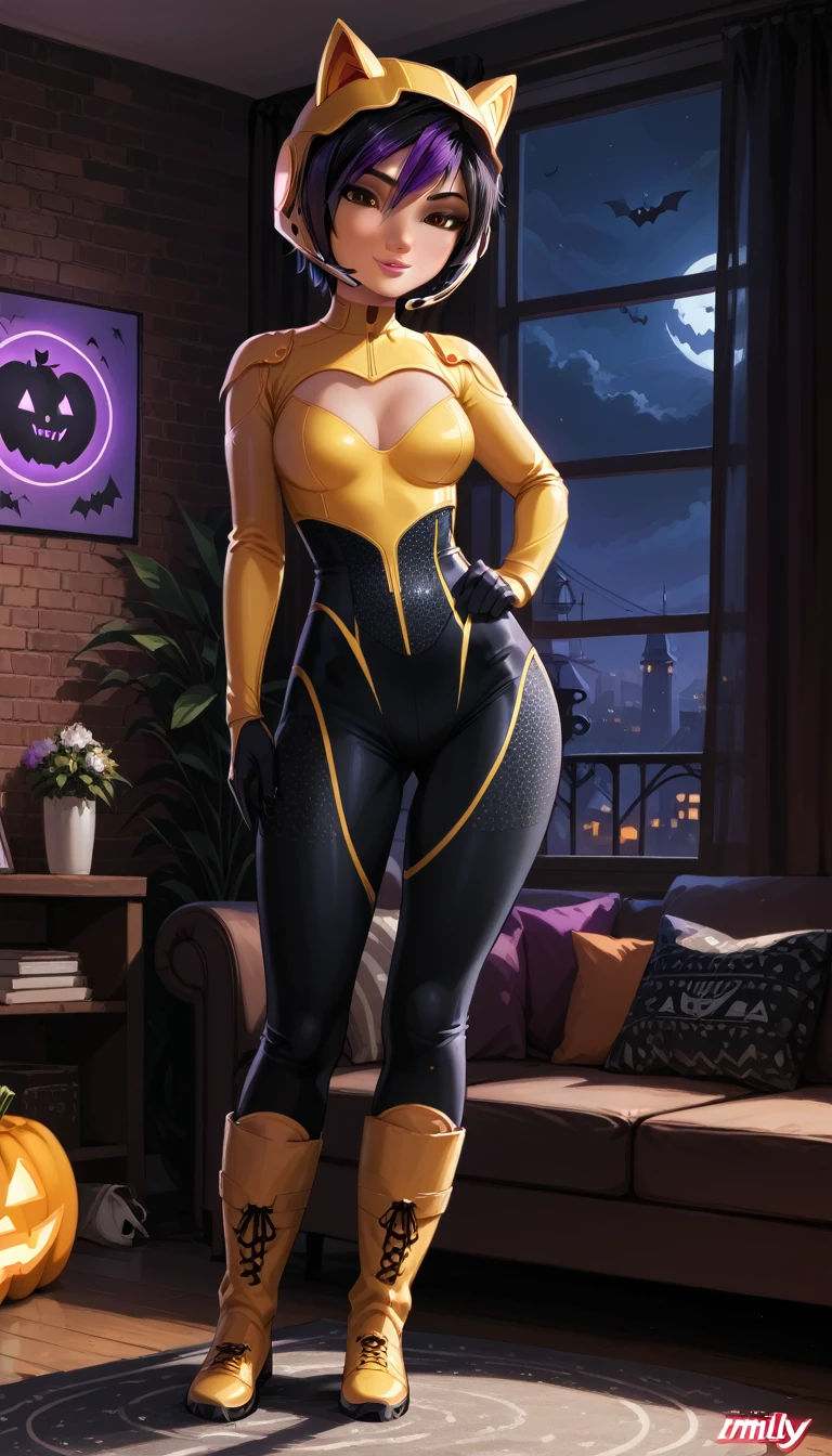 score_9, score_8_up, score_7_up, 1girl, solo, very sexy (gogotomago, short hair, black hair, brown eyes, purple hair, wide hips, medium breasts:1.4), wearing (boots, yellow bodysuit, helmet, detailed, black bodysuit:1.5), confident, flirt, gaze, sexy look, cute smile, head tilt, filled lips, thick lips, standing, in the living room, hand on hip, feet apart, sexy pose, beautiful modern apartment, city living, (Halloween theme:1.3), night, dark, dimly lit, expressiveh d4rk01l, perfect hands, perfect proportions.