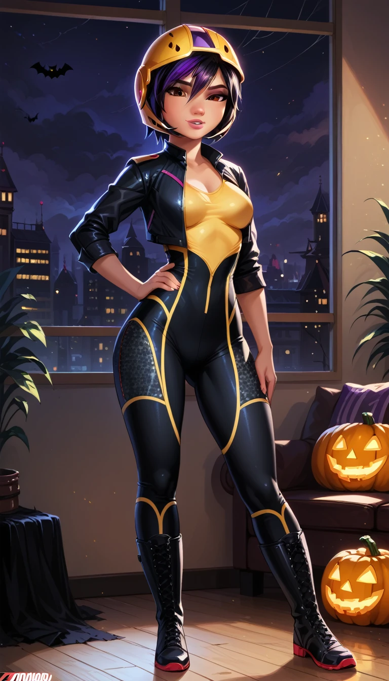 score_9, score_8_up, score_7_up, 1girl, solo, very sexy (gogotomago, short hair, black hair, brown eyes, purple hair, wide hips, medium breasts:1.4), wearing (boots, yellow bodysuit, helmet, detailed, black bodysuit:1.5), confident, flirt, gaze, sexy look, cute smile, head tilt, filled lips, thick lips, standing, in the living room, hand on hip, feet apart, sexy pose, beautiful modern apartment, city living, (Halloween theme:1.3), night, dark, dimly lit, expressiveh d4rk01l, perfect hands, perfect proportions.