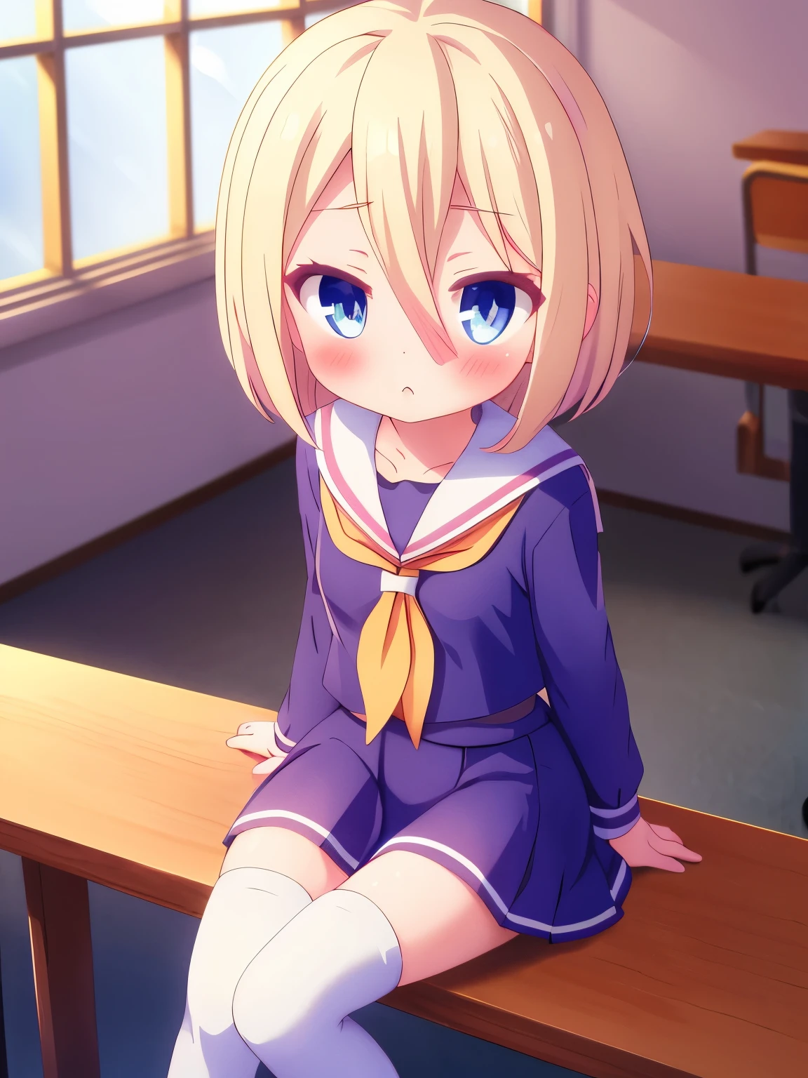 Cute,short Blonde hair ,blue eyes , classroom,serafuku ,very thin legs   ,blush,sitting,thigh high socks