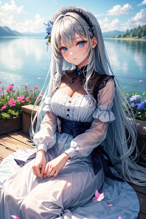 (little girl:1.5),Spitze,Schleife,(Meisterwerk, Seitenbeleuchtung, fein detaillierte nicee graue Augen: 1.2), mittlere Brust, realistisch, Glowing eyes,shiny hair,schwarzes Haar,lange lange Haare, shiny skin, Allein, verlegen,Strapless,exquisit,nice,garden,Blumen,flying petals, bare legs, Cherry Blossom, Filmisches Licht, Filmkomposition, abundant expressions